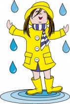 Sticker marin d\'eau douce. Julie sous la pluie. Autocollant d\'une petite fille avec 5 gouttes de pluie, imprim�e sur adh�sif blanc avec d�coupe aux contours.
