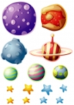Sticker Espace : 8 �toiles et 7 plan�tes. Stickers d�coratifs enfant imprim�s sur adh�sifs d�coup�s � la forme.