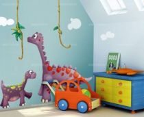 Sticker d�coratif enfant B�b� et Maman Diplodocus imprim� sur adh�sif d�coup� � la forme.