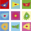 9 stickers fleurs pop art imprim�s sur adh�sif blanc avec d�coupe �  la forme. Les carr�s de couleurs sont tous ind�pendants, ils peuvent �tre pos�s comme pr�sent� ou comme bon vous semble.