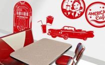 Stickers snack am�ricain. Voici une ambiance tout droit arriv�e des ann�es 1960 avec ces stickers r�tro qui repr�sentent les symboles du snacking : le hamburger, le soda, le cornet de glace ainsi que le cornet de frite. Sans oublier, la serveuse, le jukebox, la plaque de voiture am�ricaine et la cadillac. Composez donc votre d�cor tr�s vintage avec ce d�cor complet qui vous transportera dans le pass� et outre-Atlantique. Cr�ation LNdesign